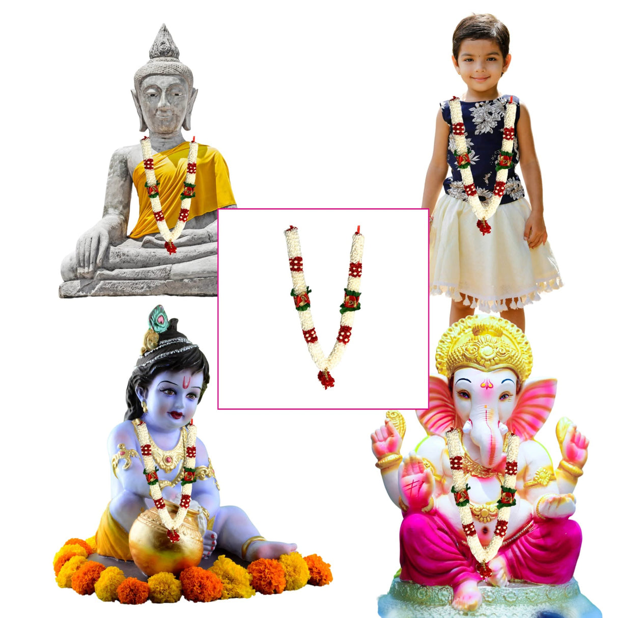 2 CT Indian Garland Haar Mala 12 Inch God Goddess Haar Mala Idol Pooja Item Garland for Photo Frame Idol God Shringar Mala Reusable Satin Mala Temple Decor - LoveNspire