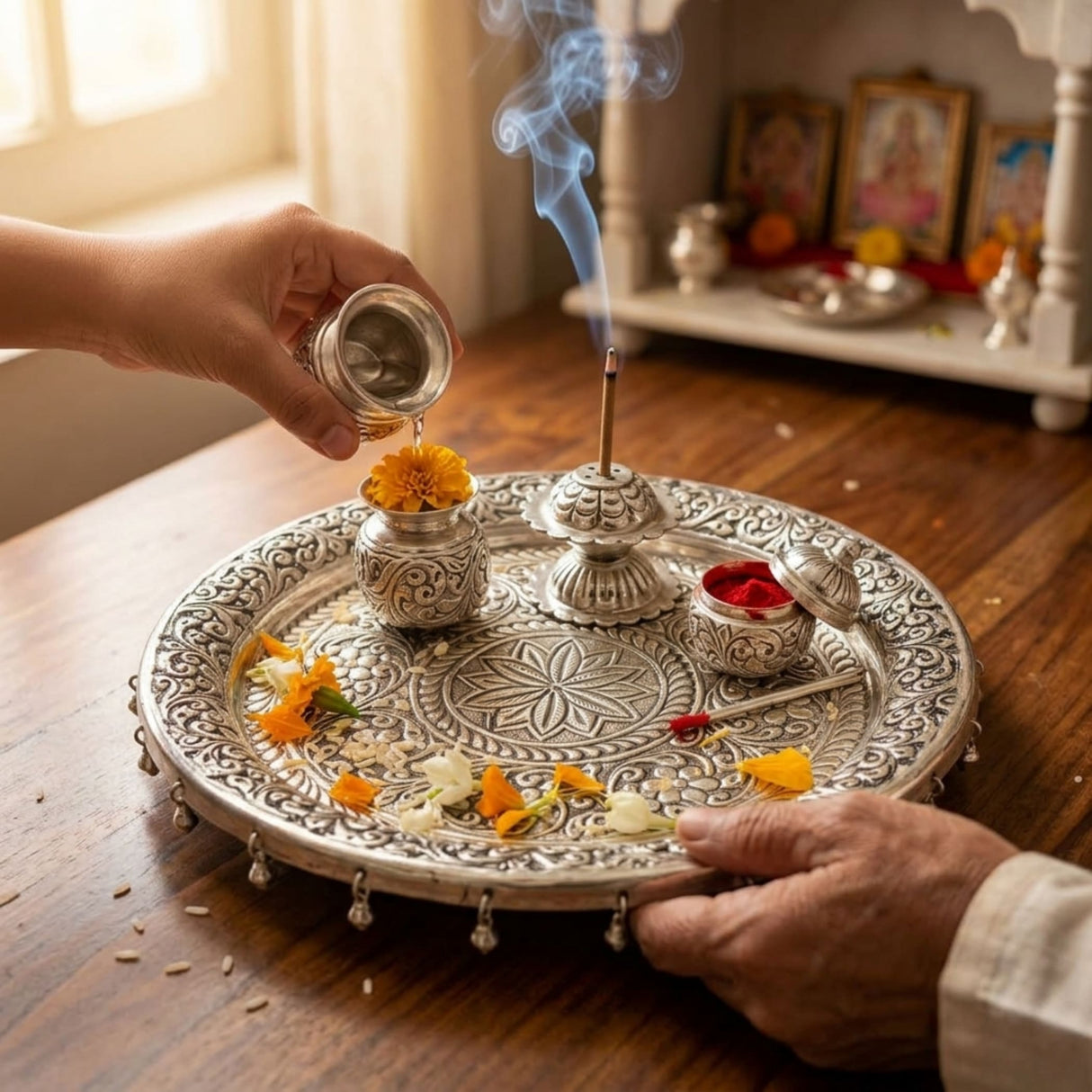 Indian German silver pooja thali with ornate floral embossing and tassels