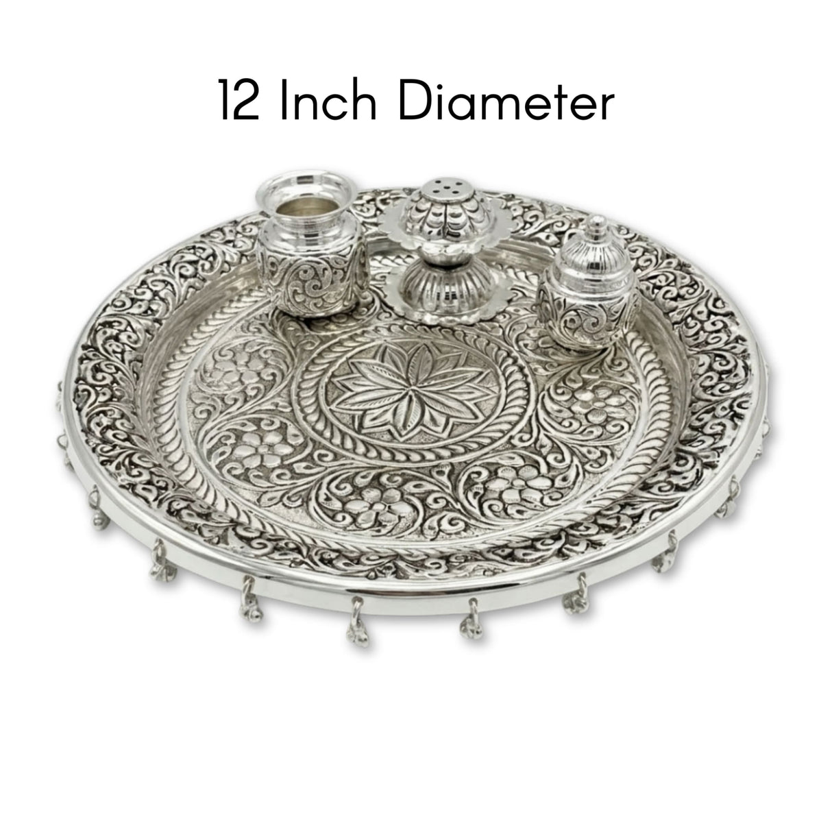 Silver-plated 12-inch Indian German silver pooja thali set with ornate containers