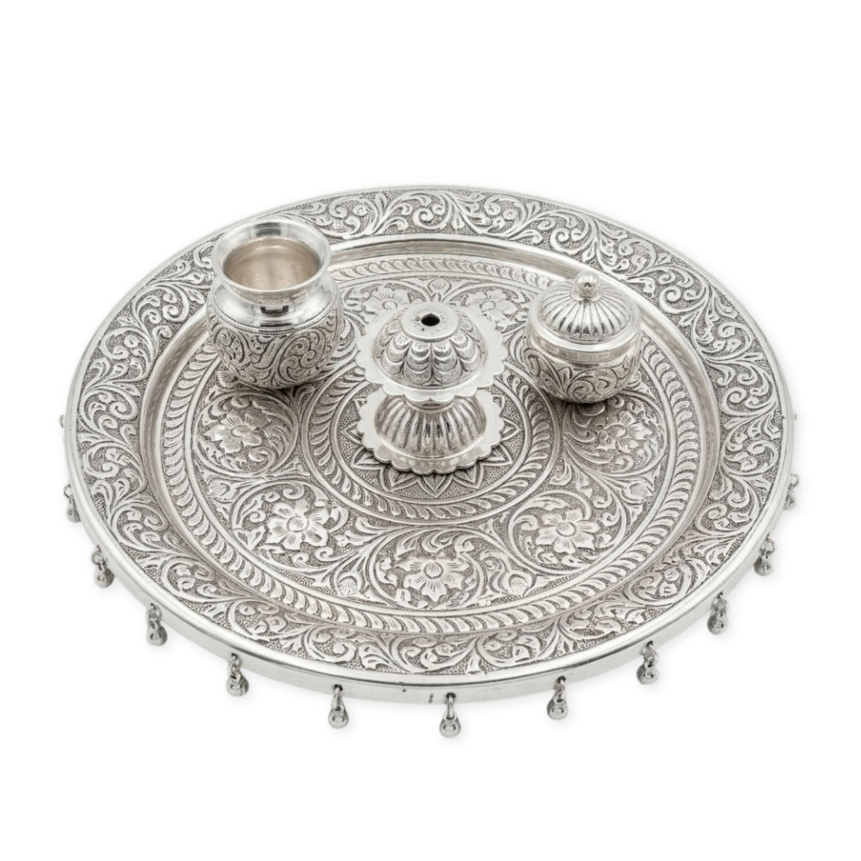 Indian German silver pooja thali set with ornate tray and 3 containers
