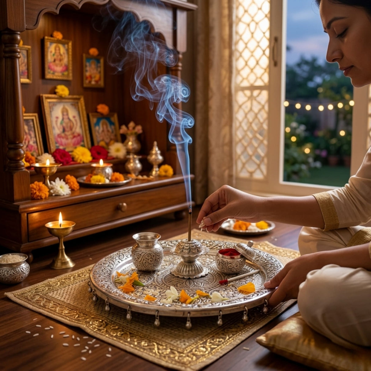 Silver ornate incense burner on Indian German Silver Pooja Thali set tray