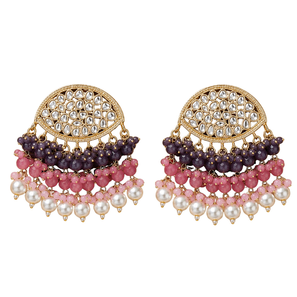 Gold tone Indian kundan stone and faux pearl chandelier earrings with clear crystals and multicolored bead strands for ethnic wear