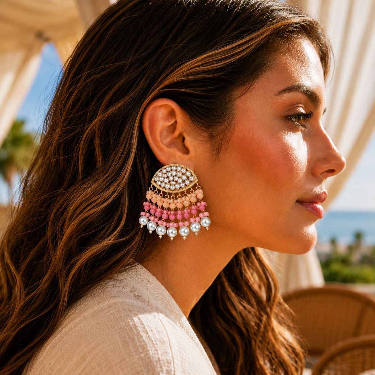 Pink and white beaded chandelier earrings with gold toned metal frame kundan stone and faux pearl ethnic jewelry