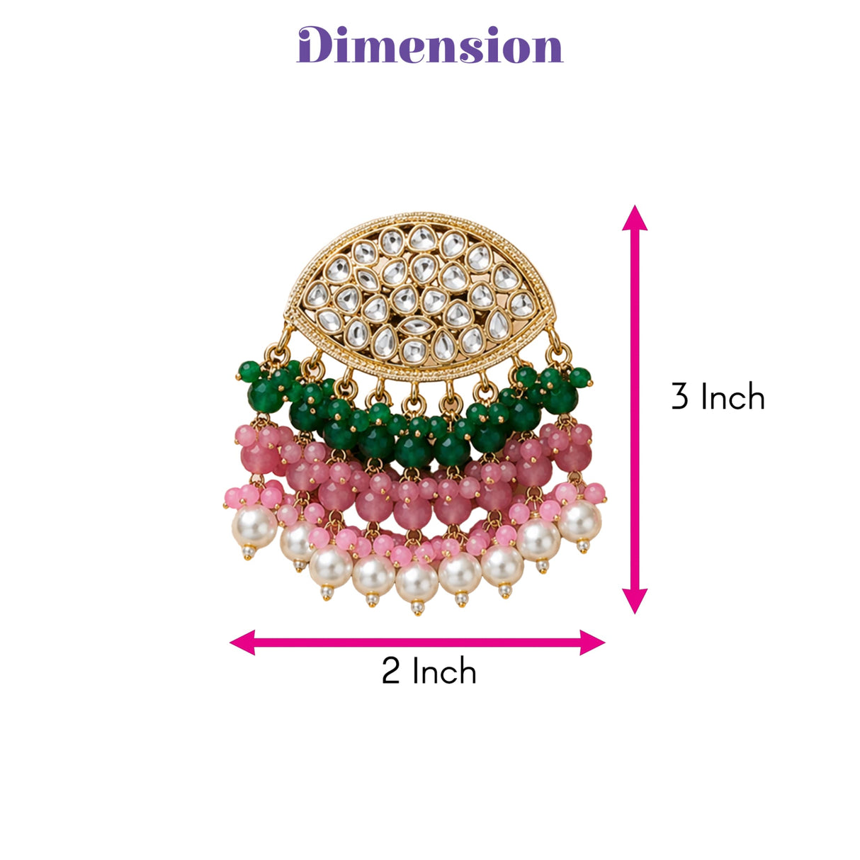 Gold tone indian kundan stone and faux pearl chandbali earrings with green pink and white beads for ethnic wear