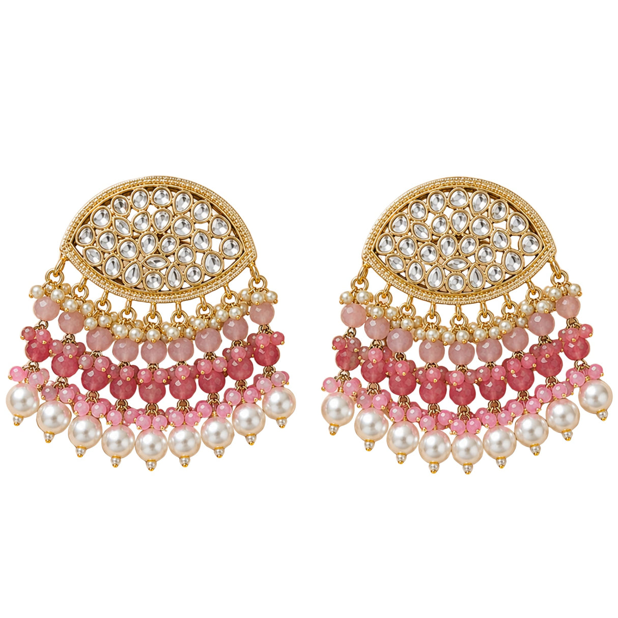 Gold tone chandelier earrings with kundan stones and pink white faux pearl beads for diwali and ethnic wear
