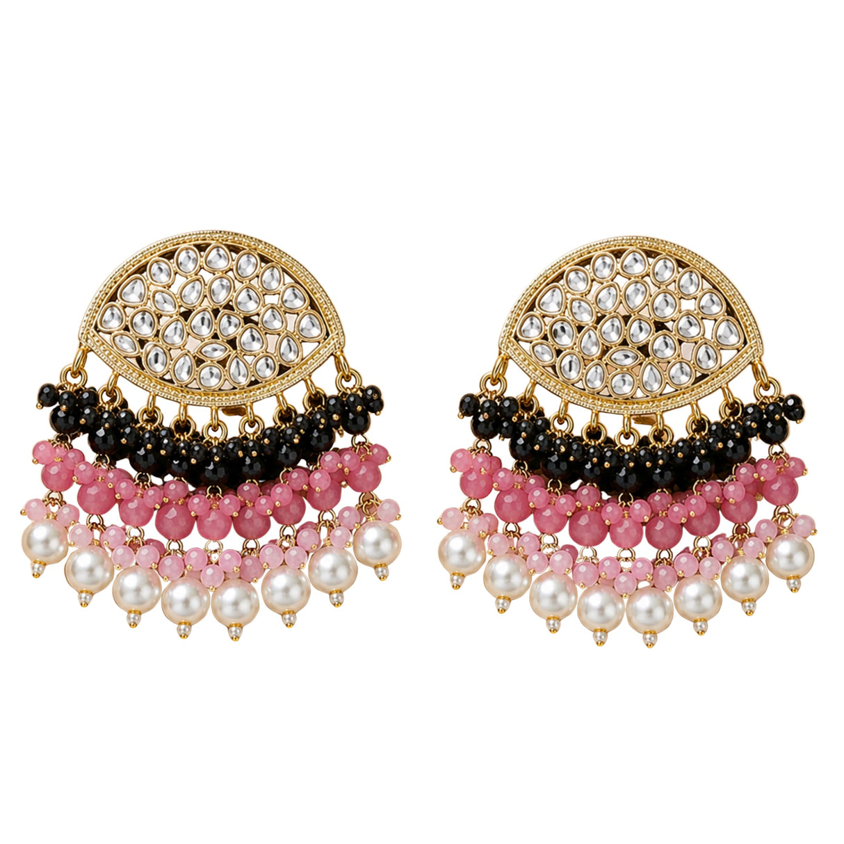 Gold-toned Indian kundan stone and faux pearl chandelier earrings with crystals and beads for Diwali wedding wear