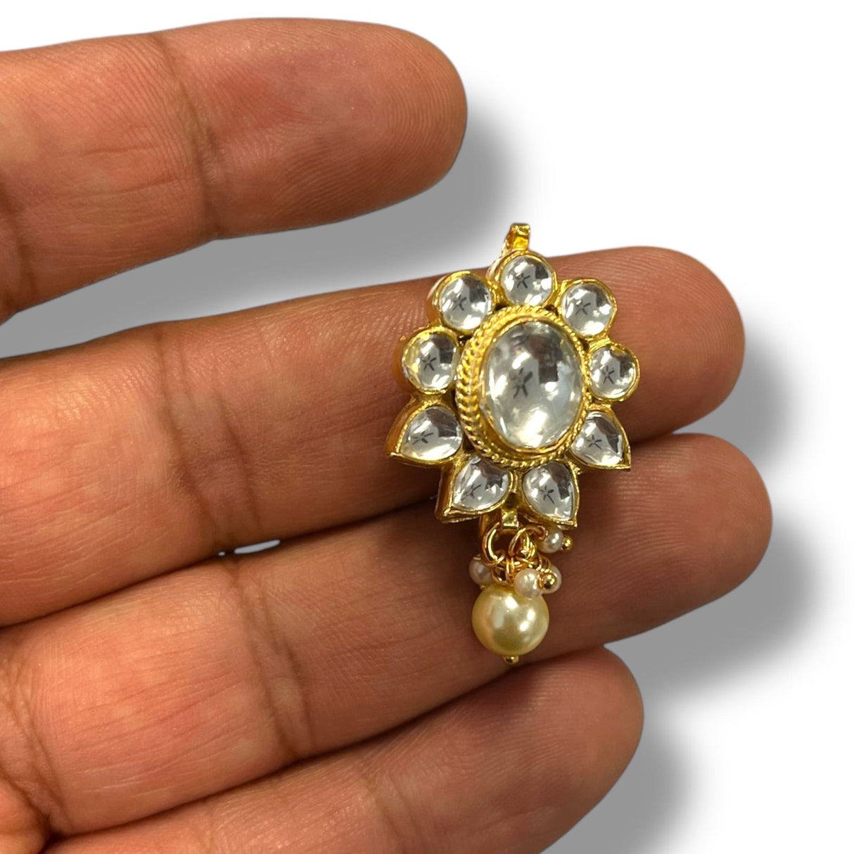 Indian Kundan Nose Ring for Women - Indian Bridal Nose Stud Ring Clip-On Septum Jewelry Faux Pearl Drop Kundan Crystal Bollywood Style Marathi Nath Non-Piercing Nose Accessory Gift for Her - LoveNspire