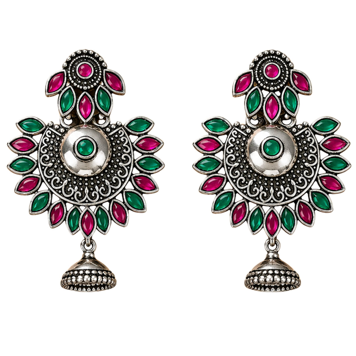 Indian oxidized silver floral chandbali earrings with vibrant pink and green gemstones and dangling bell jhumki for women