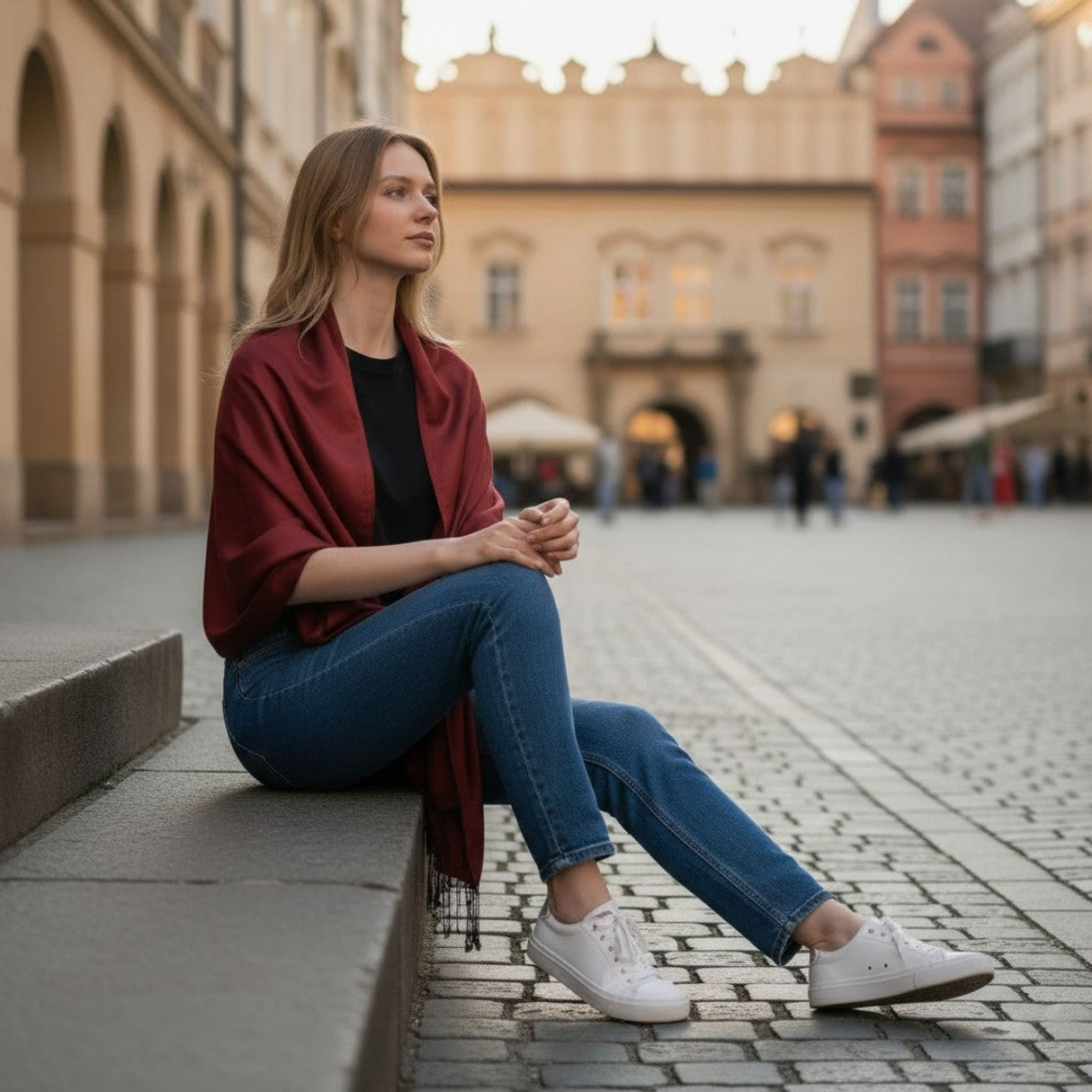 A woman sits on stone steps wearing a rich burgundy satin Indian pashmina wool shawl perfect for holiday gifts