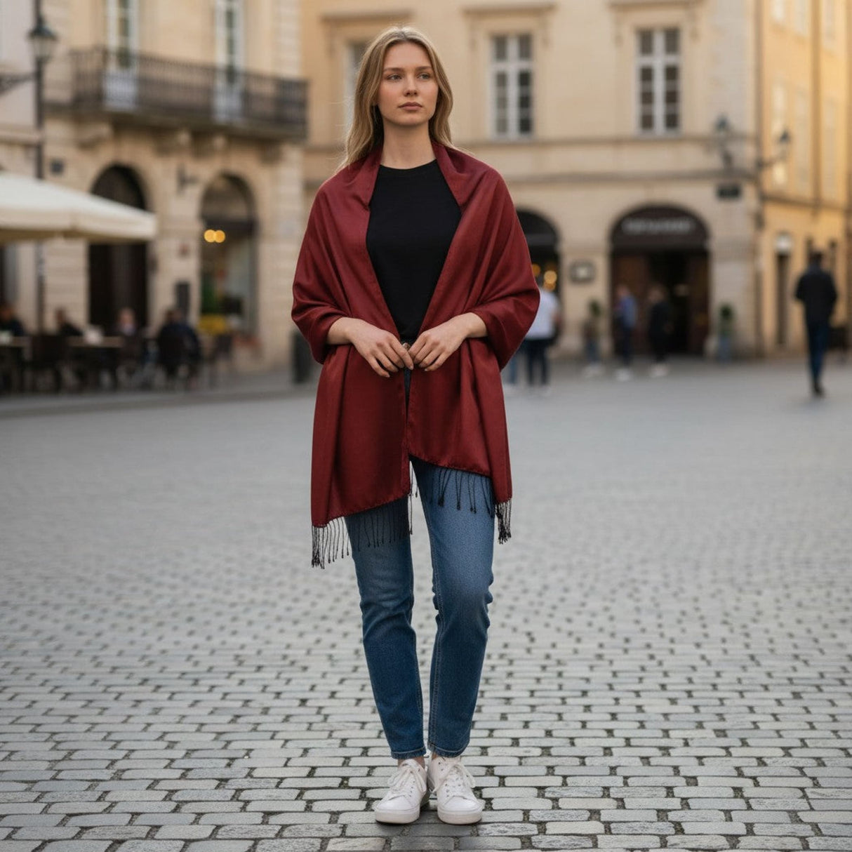 A rich burgundy Indian pashmina shawl made of soft wool with delicate fringe detailing, ideal for Christmas and wedding gifts