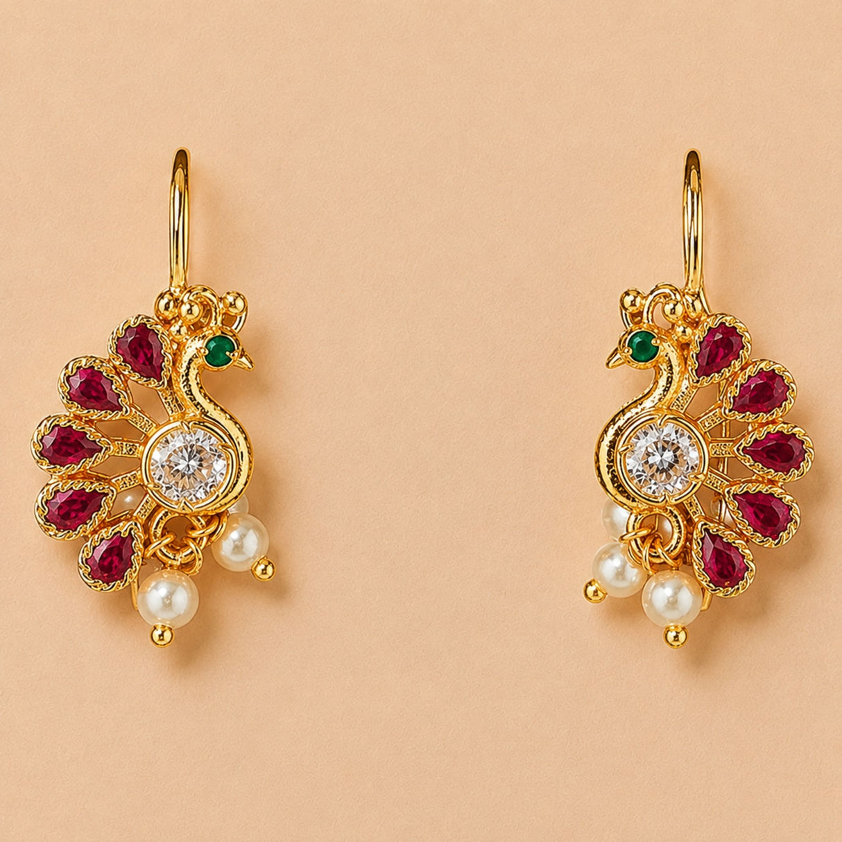 Indian peacock drop earrings in gold tone with red rubies green emeralds clear diamond and dangling white faux pearls