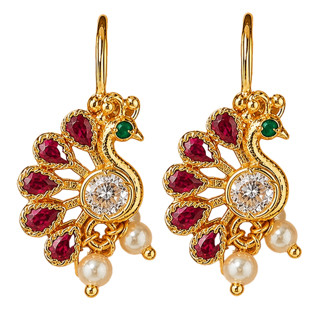 Indian peacock drop earrings gold tone with red rubies green emerald eyes clear diamond and cream faux pearls for ethnic wear