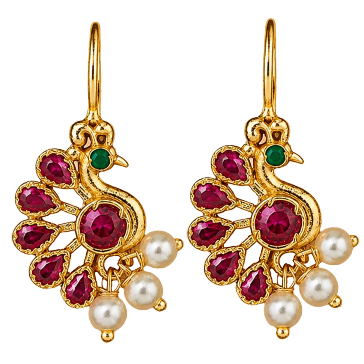 Indian peacock drop earrings gold tone with red rubies green gemstone eye and white faux pearl dangle for ethnic wear