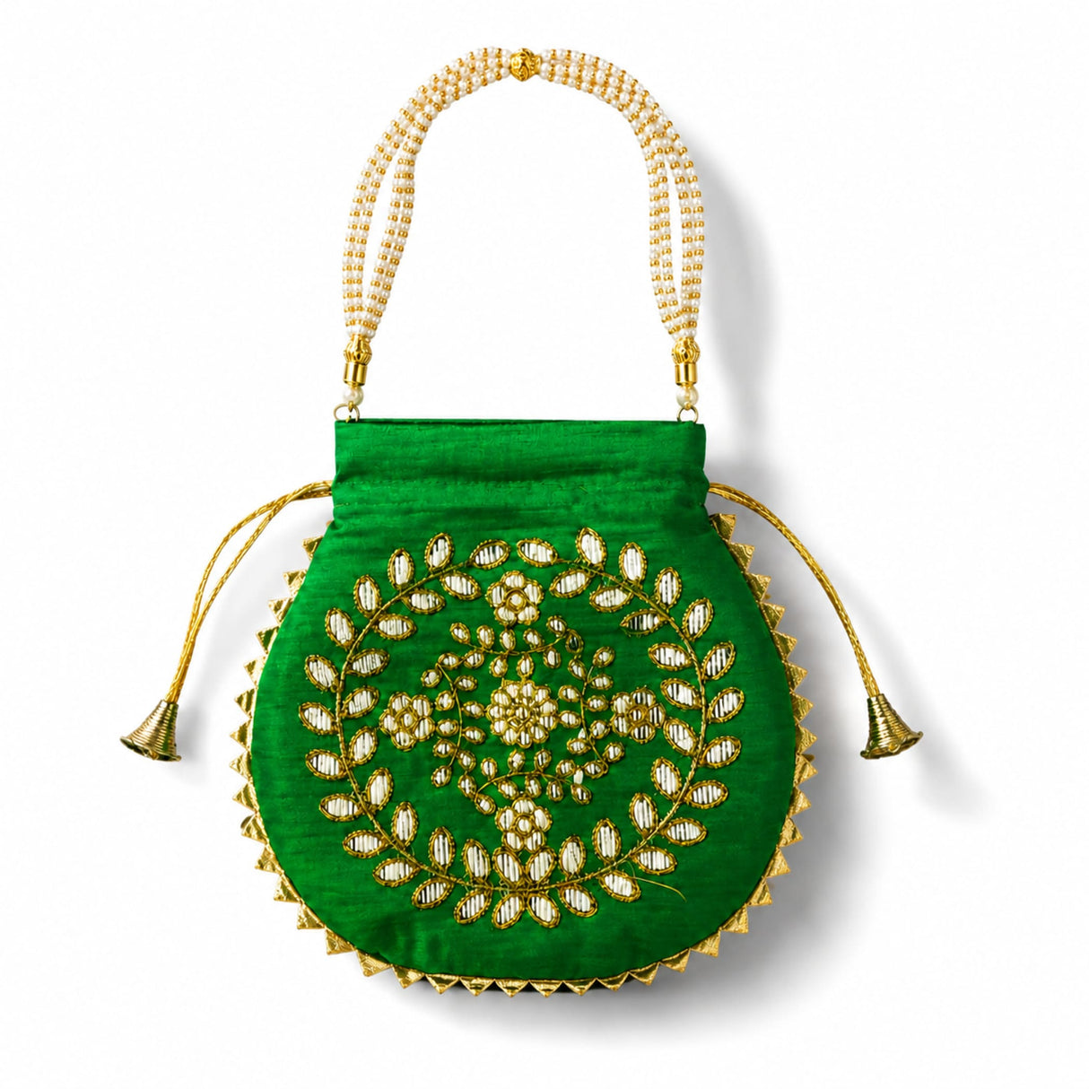 A vibrant green silk Indian potli bag with gold embroidery and pearl bead handles for nikah and diwali favors