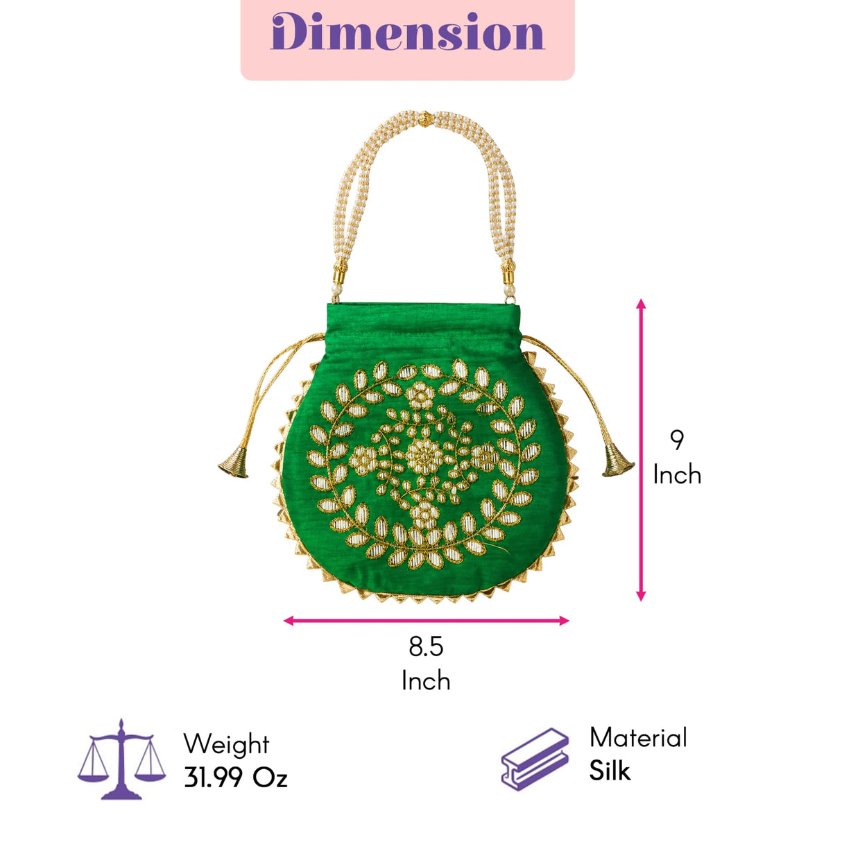 Indian potli bag vibrant green silk with intricate gold embroidery and golden bead handles for nikah and diwali gifts