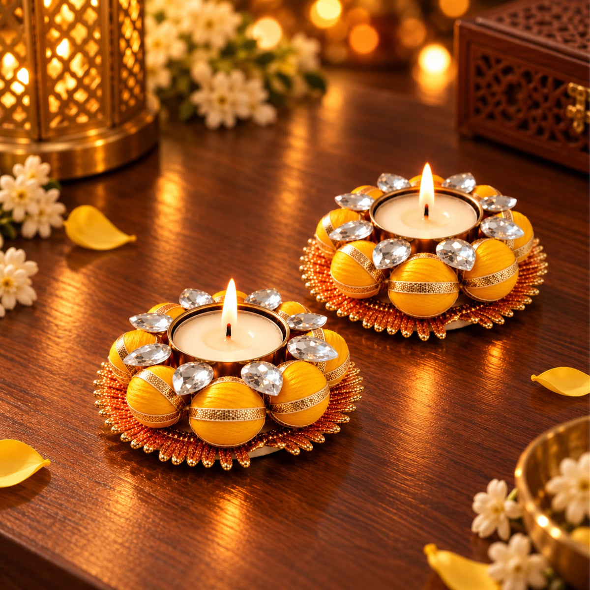 2 pack decorative golden tea light holders with clear crystals and orange embellishments for festive diwali pooja and decor