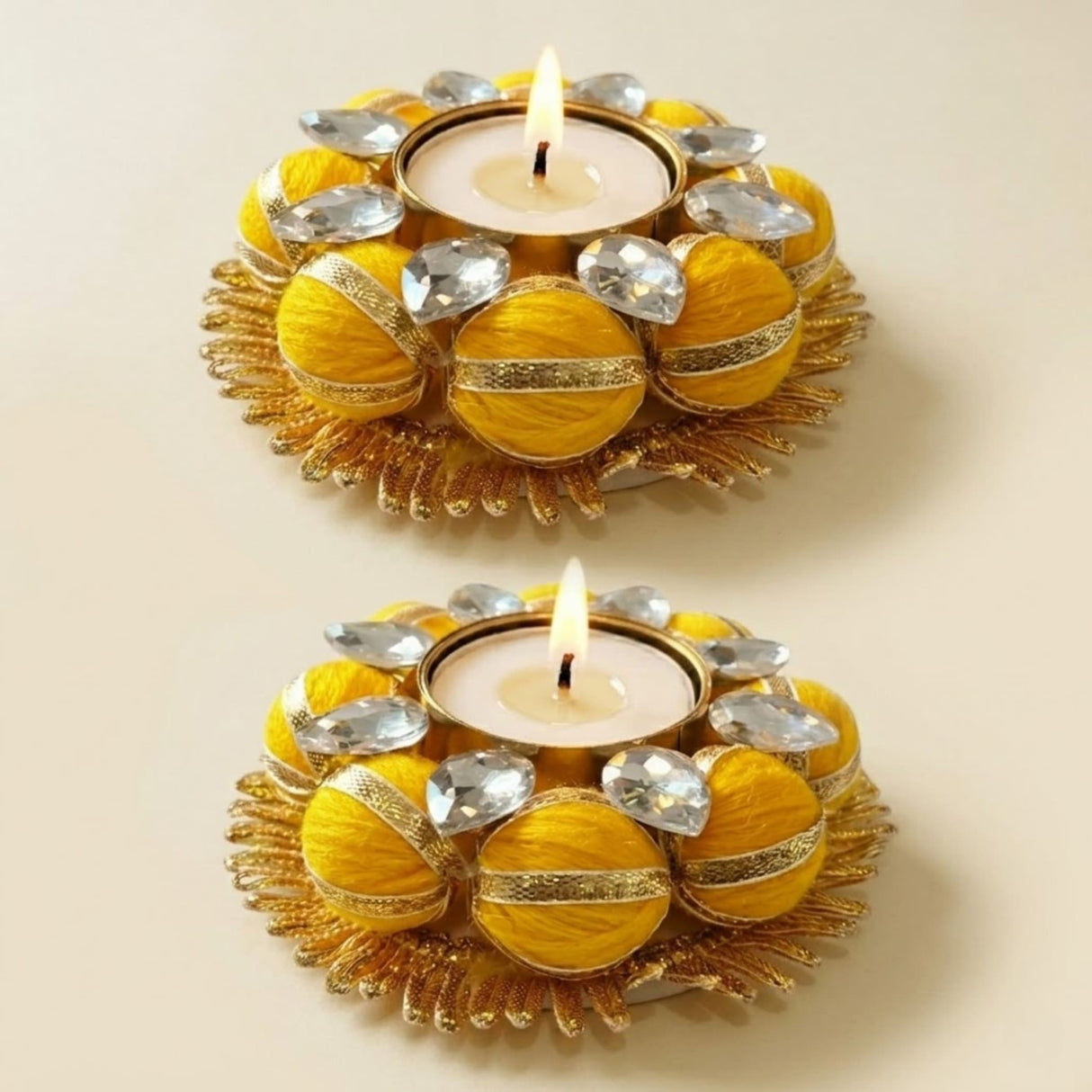 Yellow and gold indian tea light candle holder with crystal accents for home dining temple and festive decor