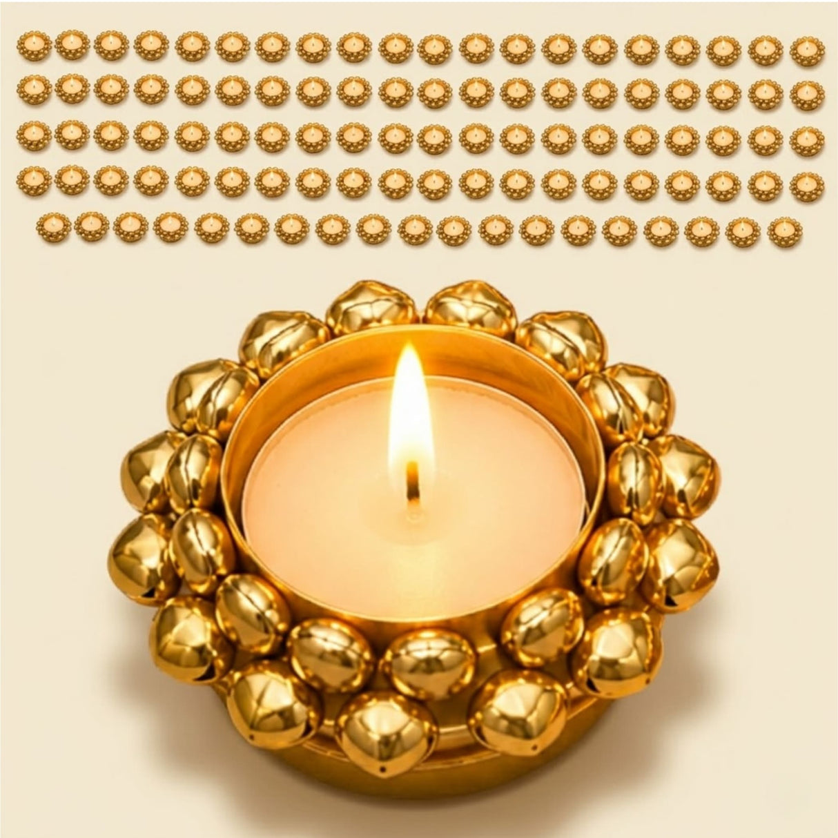 Golden ornate indian tealight candle holder with lit tea light used for diwali christmas and pooja decorations