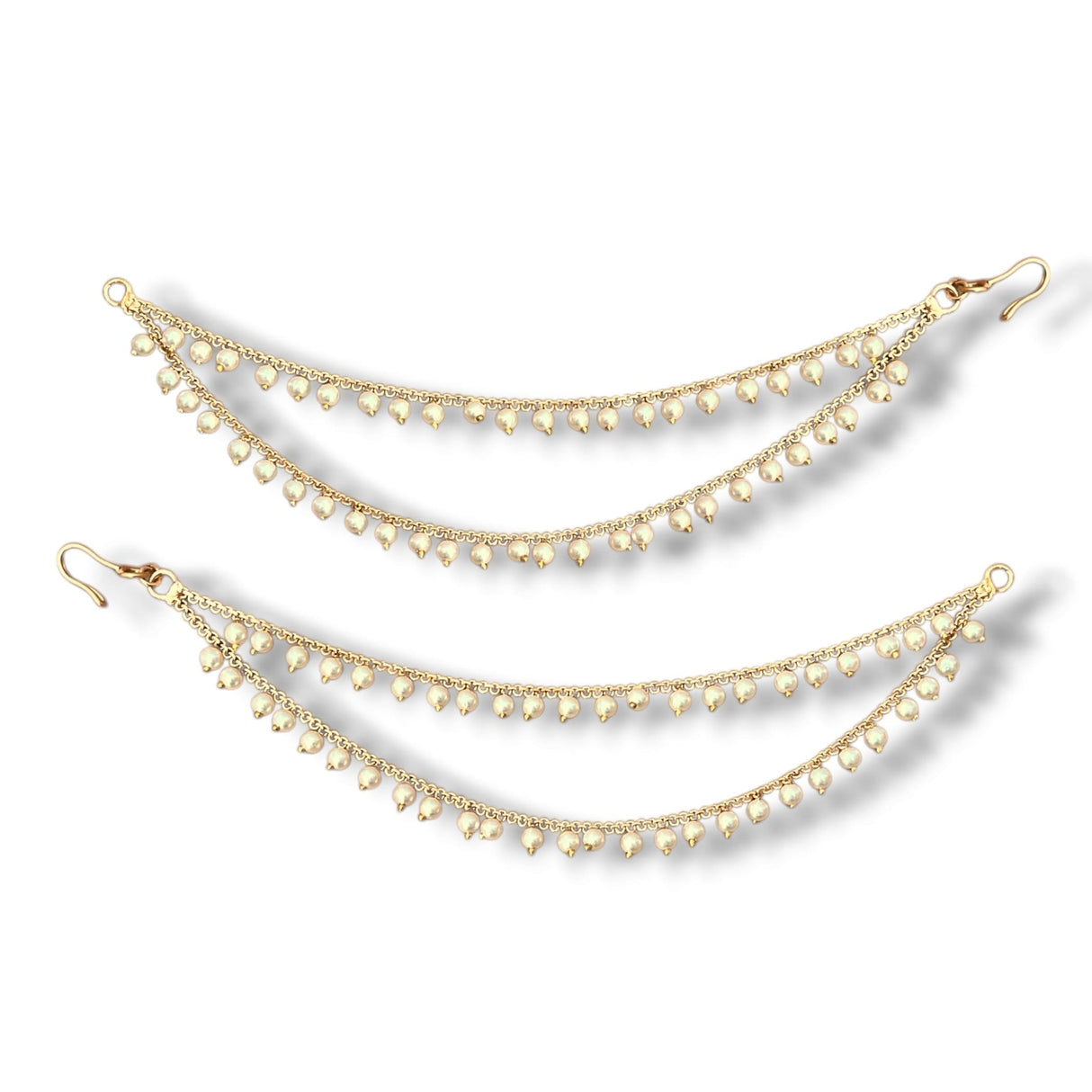 Indian Traditional Ear Chains for Women - Indian Jewellery for Earring Support Double Layered Long Gold Tone Earring Chain Ear to Hair Chain Jewelry Faux Pearl Hair Accessory Bridal Jewelry - LoveNspire