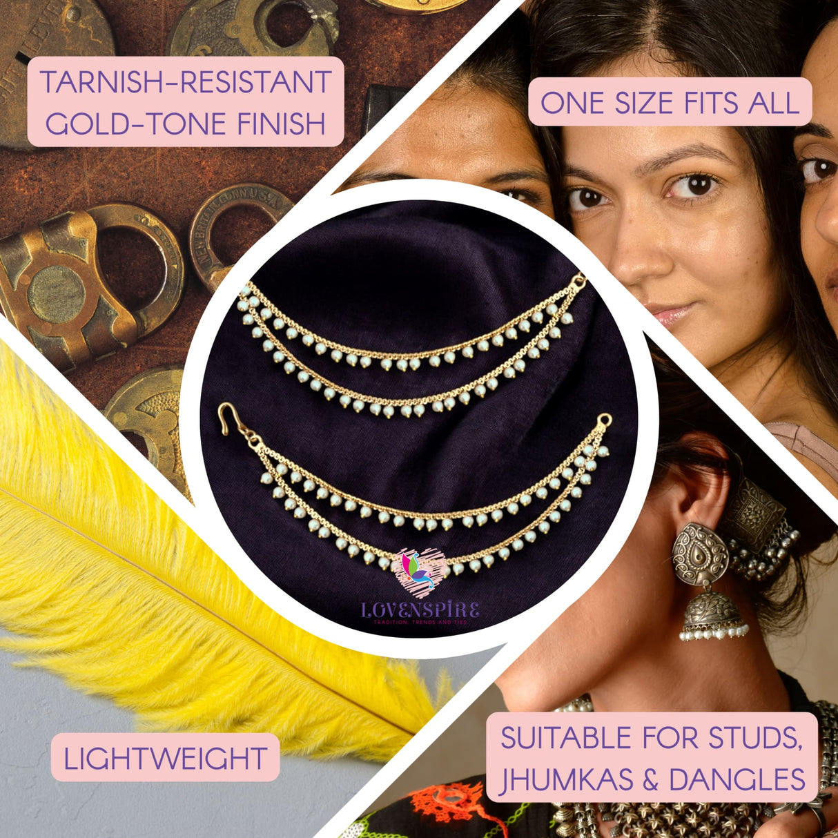 Indian Traditional Ear Chains for Women - Indian Jewellery for Earring Support Double Layered Long Gold Tone Earring Chain Ear to Hair Chain Jewelry Faux Pearl Hair Accessory Bridal Jewelry - LoveNspire