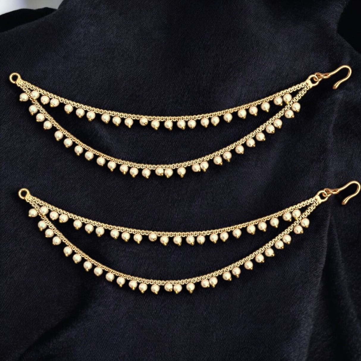 Indian Traditional Ear Chains for Women - Indian Jewellery for Earring Support Double Layered Long Gold Tone Earring Chain Ear to Hair Chain Jewelry Faux Pearl Hair Accessory Bridal Jewelry - LoveNspire