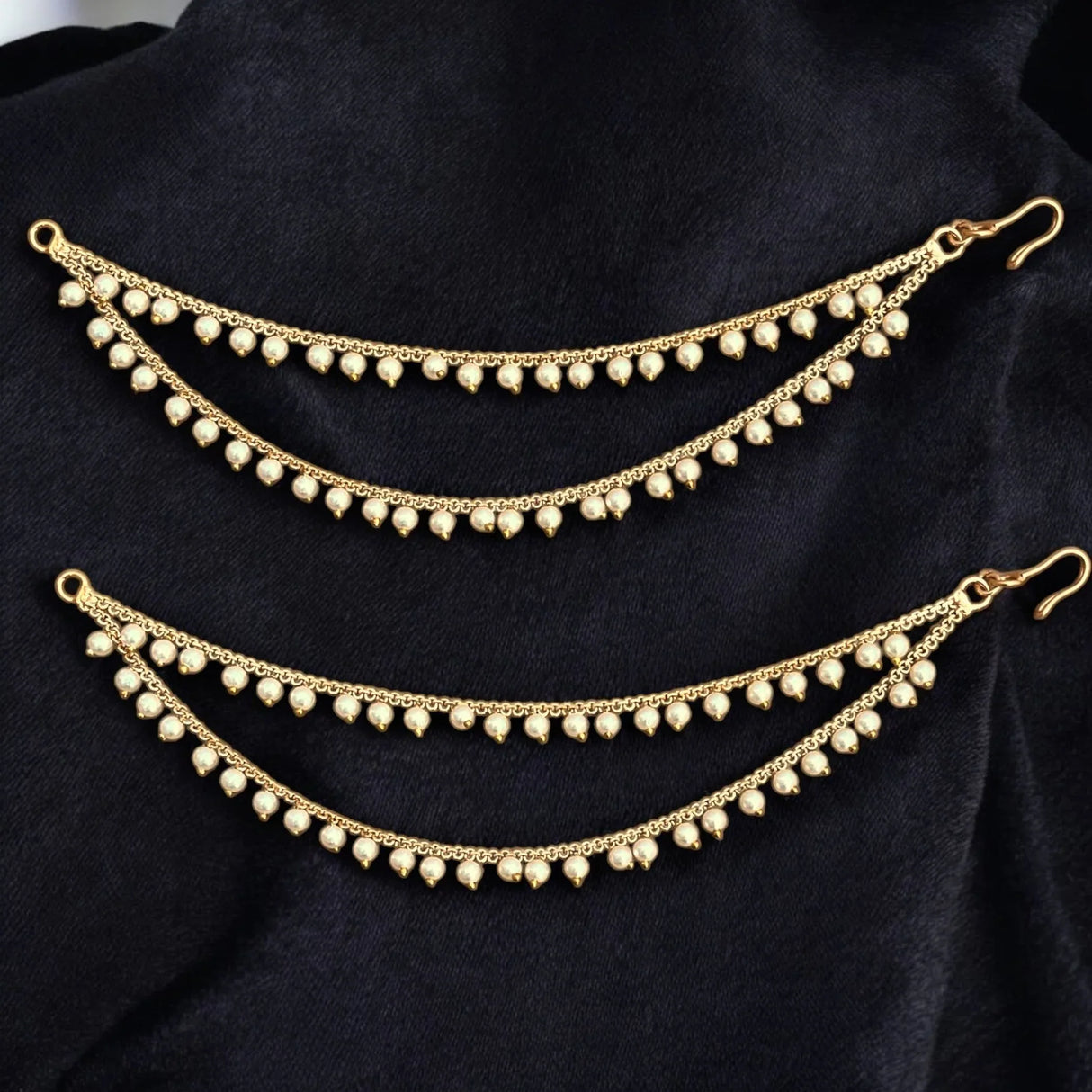 Indian Traditional Ear Chains for Women - Indian Jewellery for Earring Support Double Layered Long Gold Tone Earring Chain Ear to Hair Chain Jewelry Faux Pearl Hair Accessory Bridal Jewelry - LoveNspire