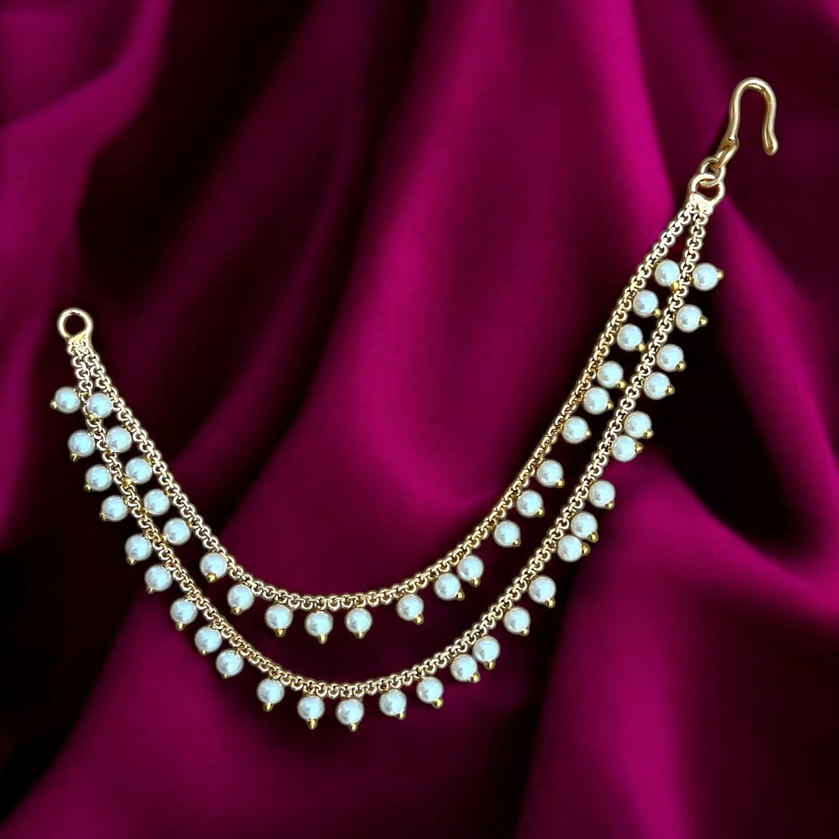 Indian Traditional Ear Chains for Women - Indian Jewellery for Earring Support Double Layered Long Gold Tone Earring Chain Ear to Hair Chain Jewelry Faux Pearl Hair Accessory Bridal Jewelry - LoveNspire