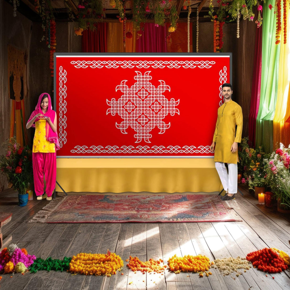 Indian Traditional Kolam Rangoli Cloth Backdrop Photo Decor Banner Pooja Room Decor Dot Kolam Backdrop for Diwali Ganesha Puja Wedding Housewarming Gift - LoveNspire