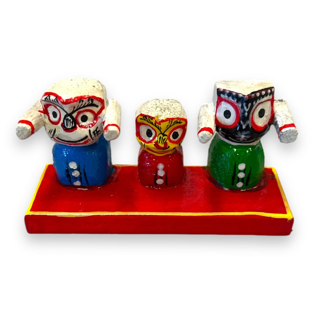 Colorful wooden Jagannath figurines for home decor and festive Golu display