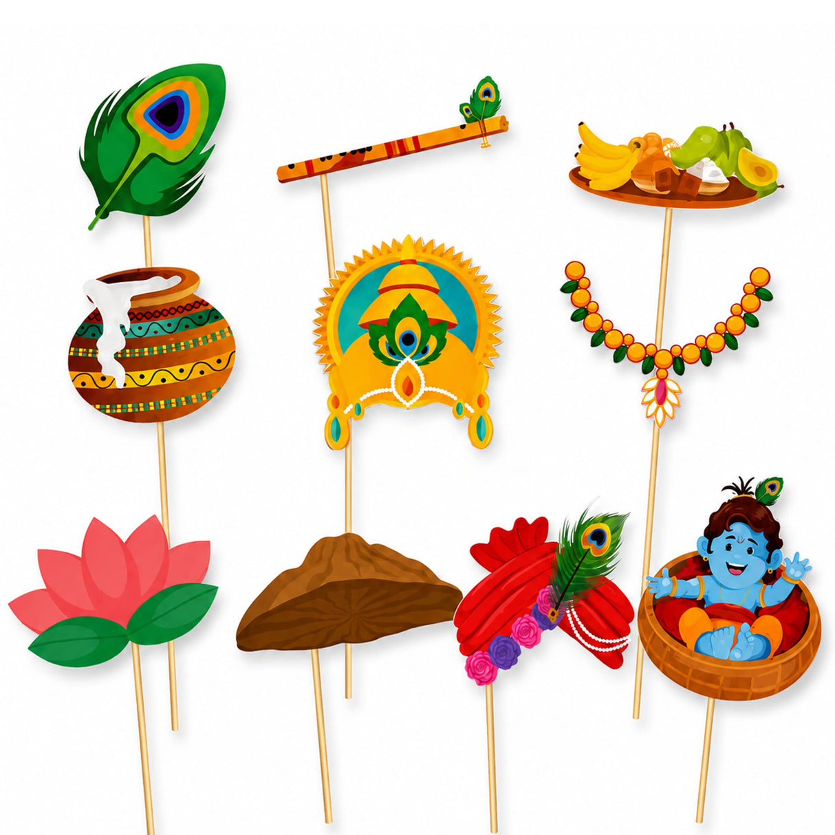 Colorful 10 pcs janmashtami photo booth props on sticks featuring peacock feather crown flute and festive items for decoration