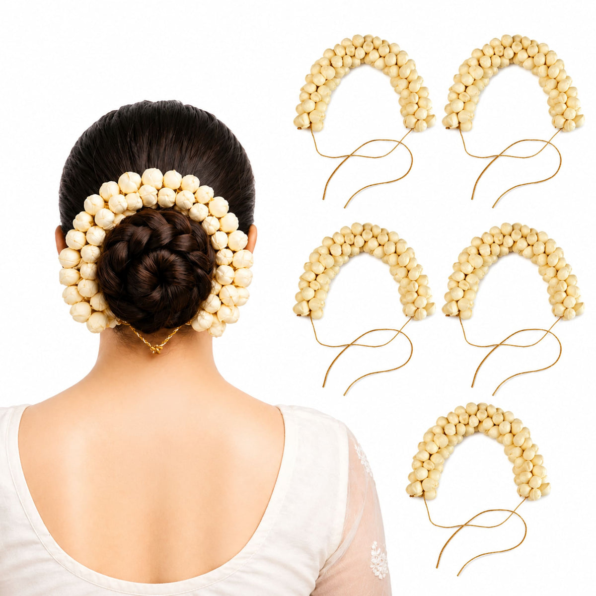 Cream-colored wooden bead traditional artificial jasmine gajra hair accessory with gold-toned metal ties for bridal use