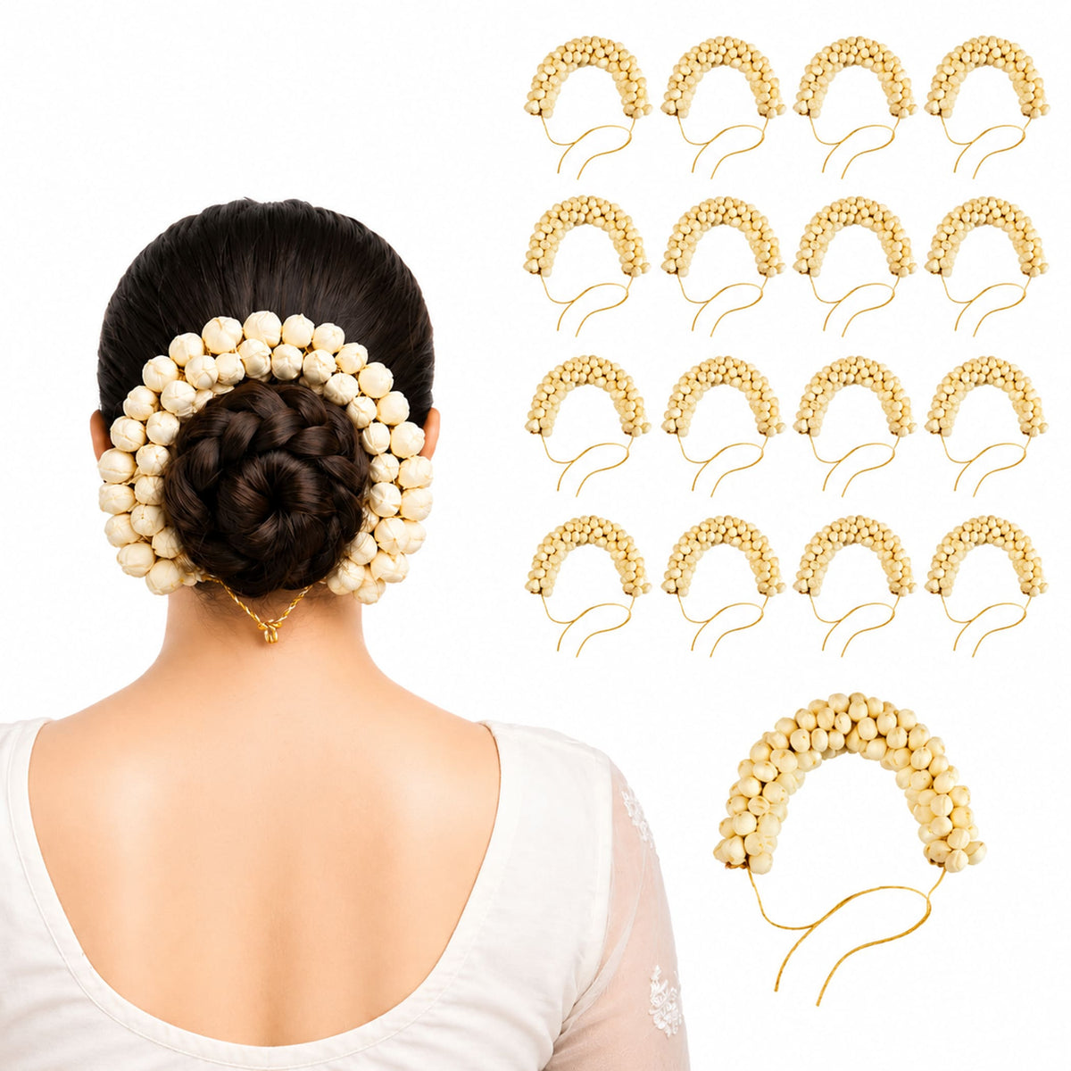 Beige pearl-adorned traditional artificial jasmine gajra with gold-toned wire for bridal mehndi and wedding hair bun accessory