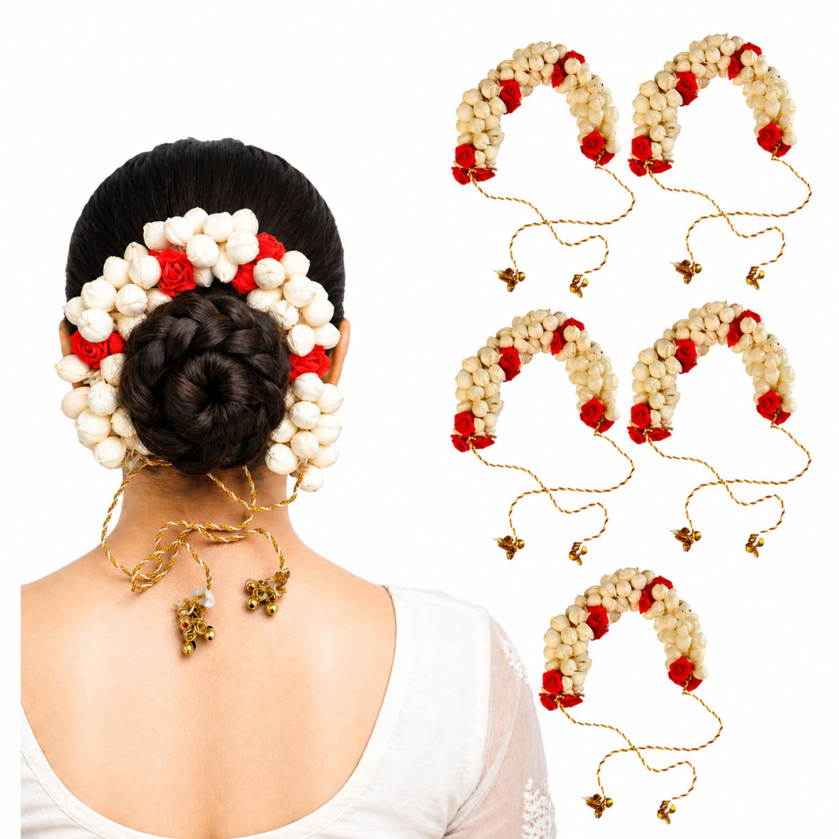 Traditional artificial jasmine gajra with red and white floral design gold twisted cord and small bells for bridal hair