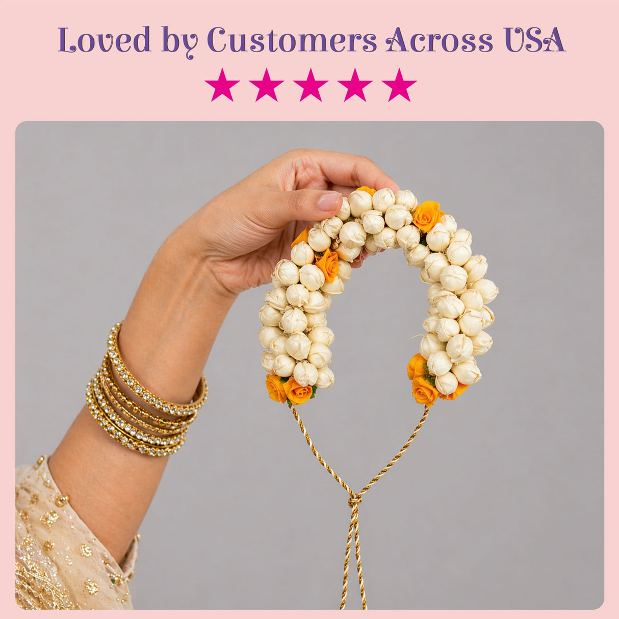 Traditional artificial jasmine gajra hair accessory with delicate ivory and orange blossoms and gold braided cord for weddings