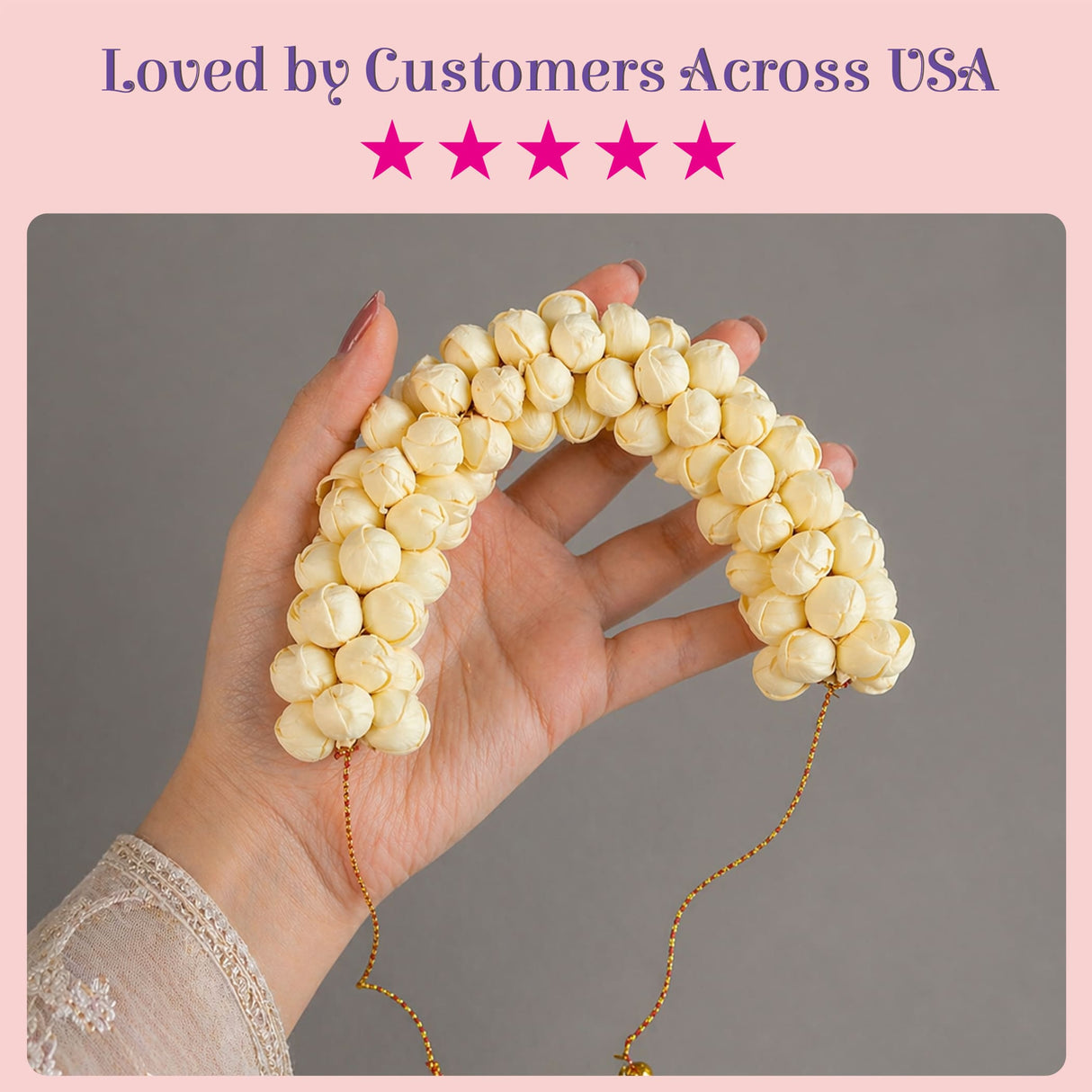 Traditional artificial jasmine gajra handcrafted cream floral headband with dried blossoms and gold-toned chain for weddings