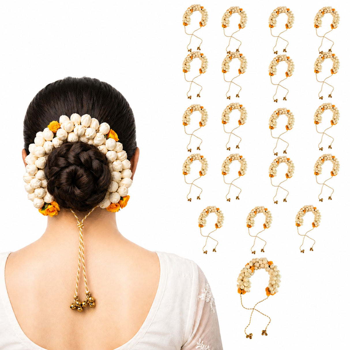 Traditional artificial jasmine gajra hair accessory with beige and yellow floral design gold-toned chain and bells