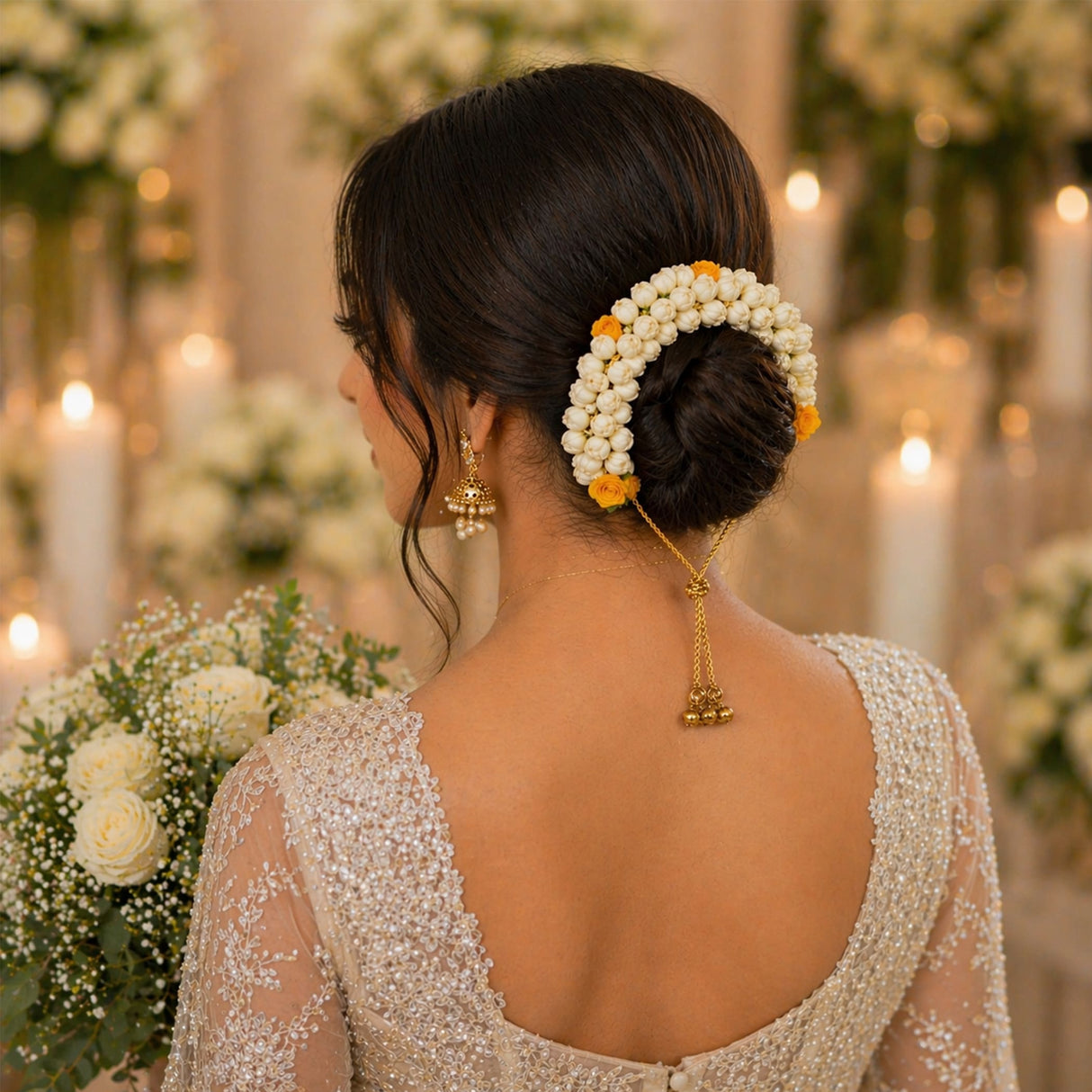 Traditional artificial jasmine gajra with delicate white and yellow flowers securing a woman’s updo for bridal use