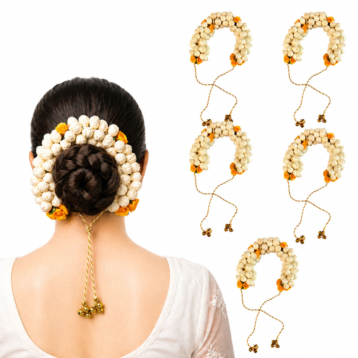 Traditional artificial jasmine gajra hair accessory with white and orange flowers gold string and bells for bridal use