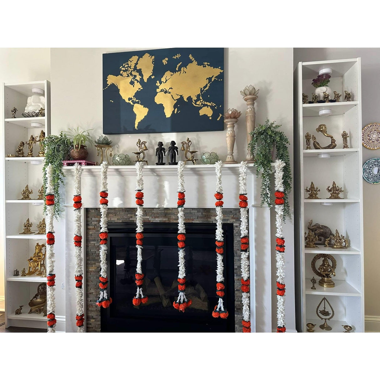 Orange Jasmine Marigold Flowers Garland for Home Decor Faux Artificial Strings Diwali Decorations Indian Wedding Mantle Decor for Day of the Dead Ofrenda Mexican Fiesta - Religious Pongal Decor - LoveNspire