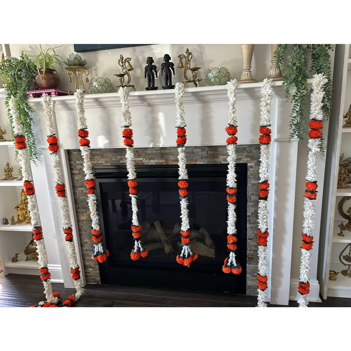 Orange Jasmine Marigold Flowers Garland for Home Decor Faux Artificial Strings Diwali Decorations Indian Wedding Mantle Decor for Day of the Dead Ofrenda Mexican Fiesta - Religious Pongal Decor - LoveNspire