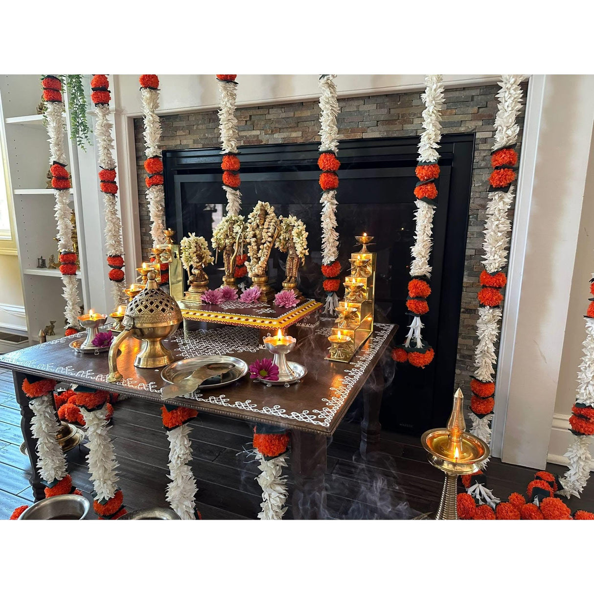 Orange Jasmine Marigold Flowers Garland for Home Decor Faux Artificial Strings Diwali Decorations Indian Wedding Mantle Decor for Day of the Dead Ofrenda Mexican Fiesta - Religious Pongal Decor - LoveNspire