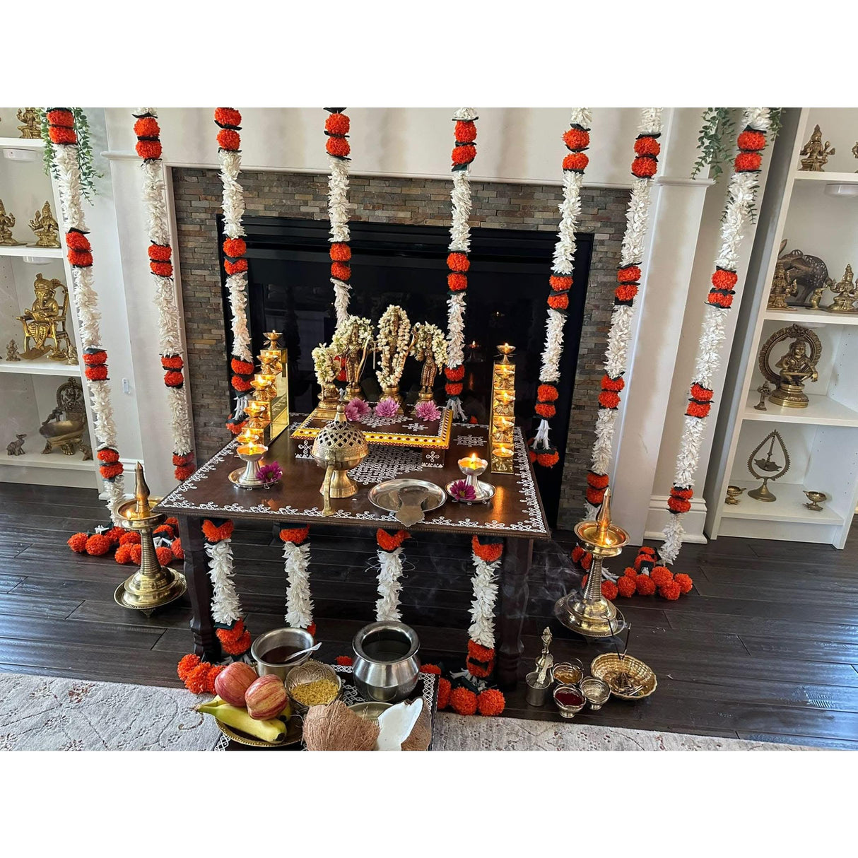 Orange Jasmine Marigold Flowers Garland for Home Decor Faux Artificial Strings Diwali Decorations Indian Wedding Mantle Decor for Day of the Dead Ofrenda Mexican Fiesta - Religious Pongal Decor - LoveNspire