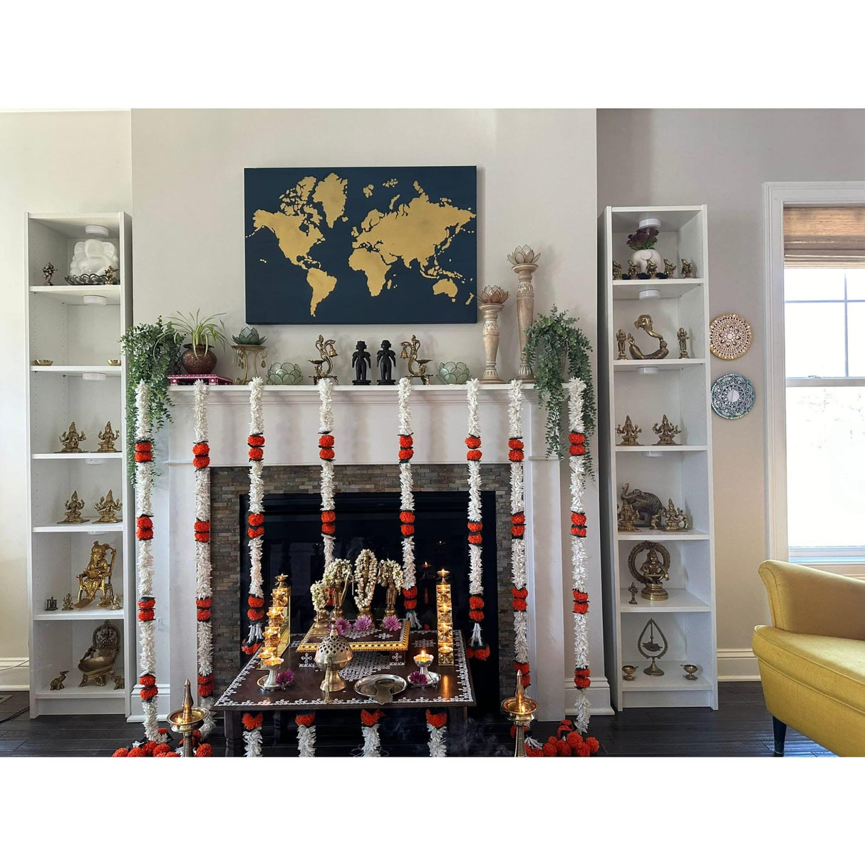 Orange Jasmine Marigold Flowers Garland for Home Decor Faux Artificial Strings Diwali Decorations Indian Wedding Mantle Decor for Day of the Dead Ofrenda Mexican Fiesta - Religious Pongal Decor - LoveNspire