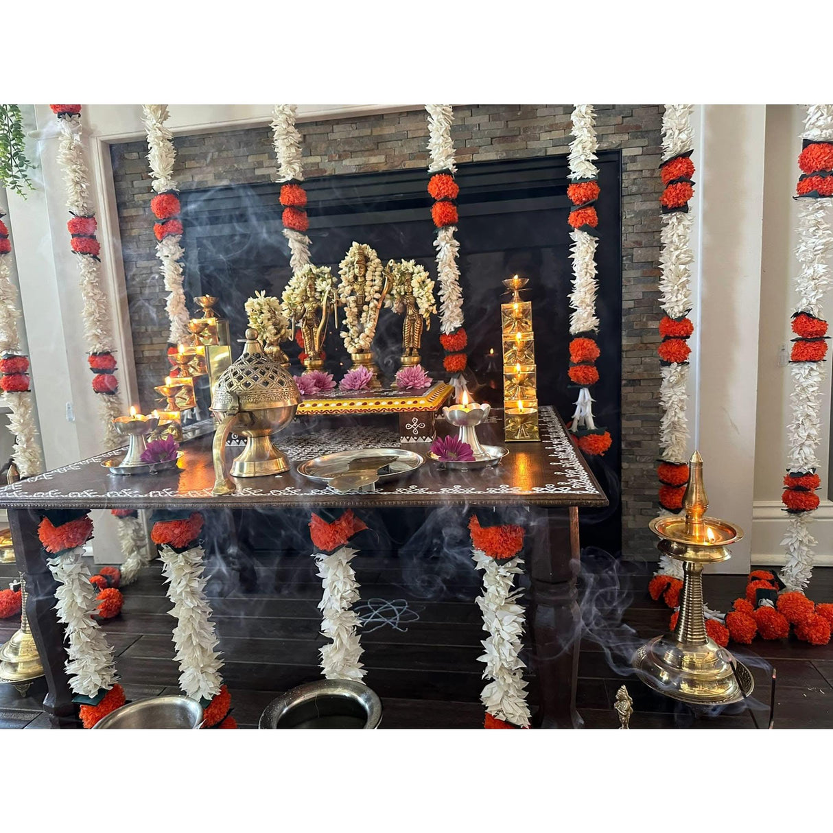 Orange Jasmine Marigold Flowers Garland for Home Decor Faux Artificial Strings Diwali Decorations Indian Wedding Mantle Decor for Day of the Dead Ofrenda Mexican Fiesta - Religious Pongal Decor - LoveNspire