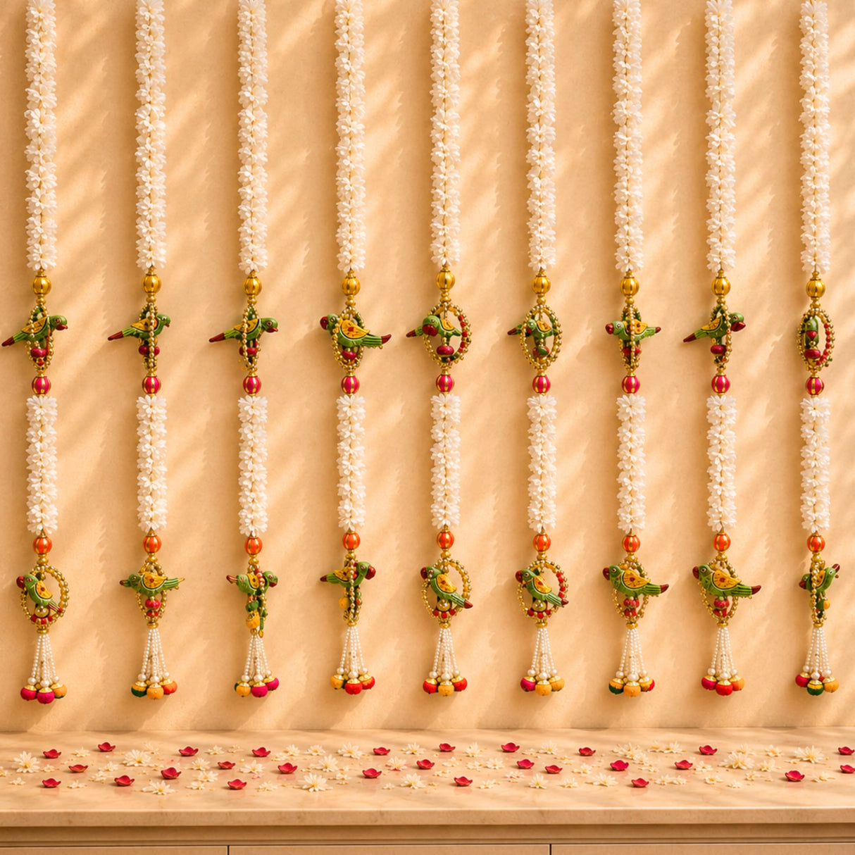 White floral garlands with colorful parrot and fruit motifs gold accents and tassels for indian wedding decor and pooja backdrop