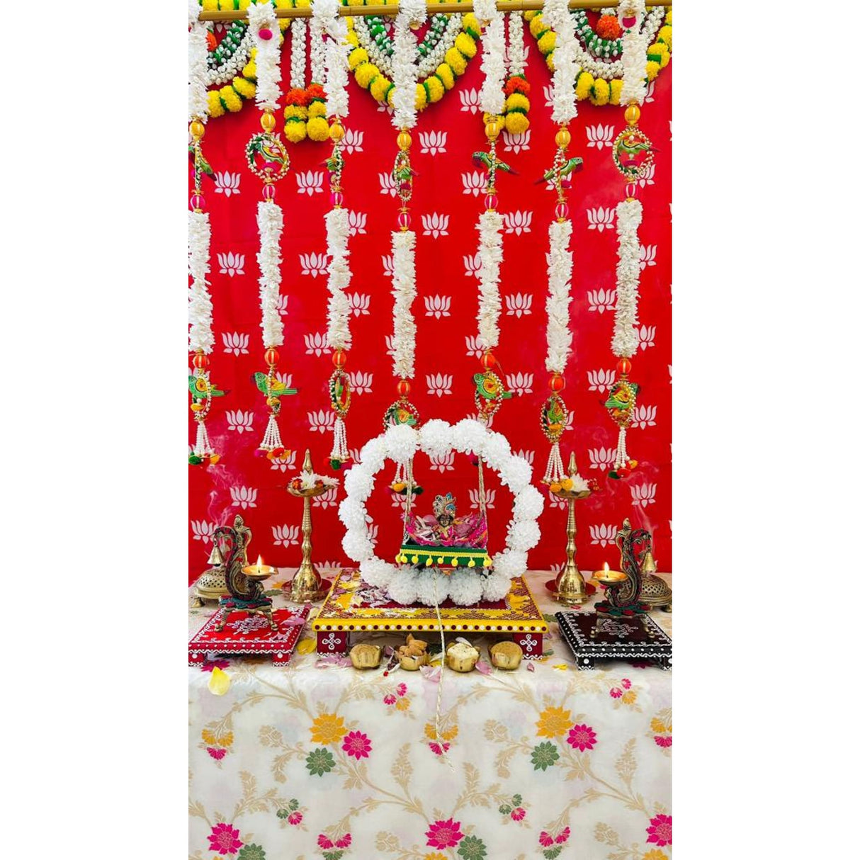 Decorated altar for deity with floral offerings for Indian wedding or Diwali decoration
