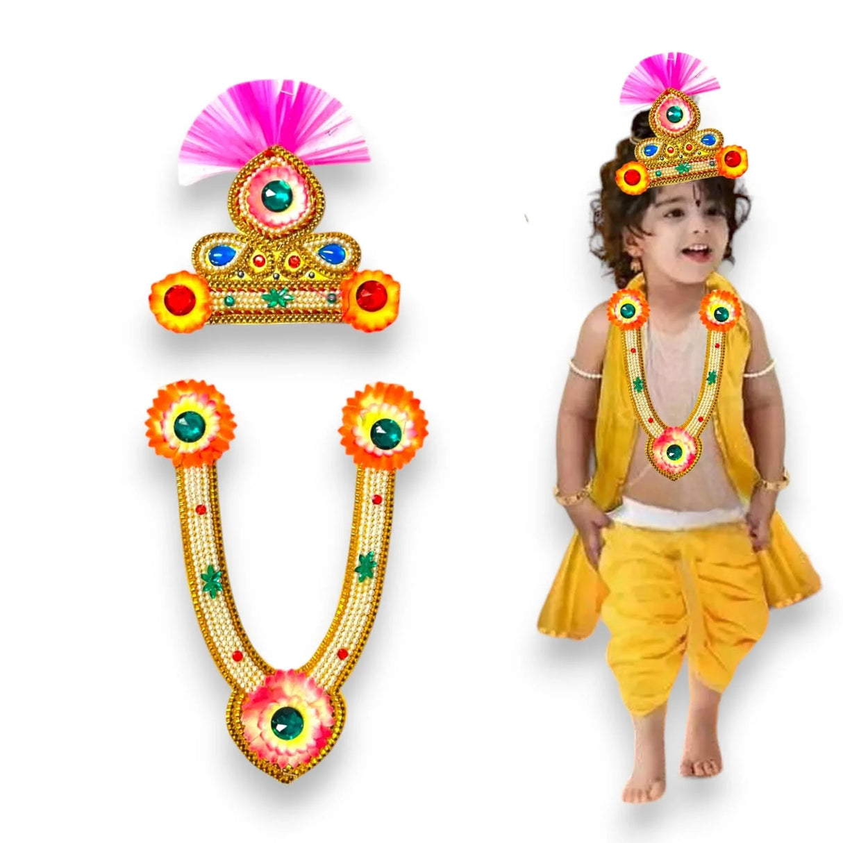 Jewelry Set for Janmashtami Ganesh Chaturthi Celebration Ganesha/krishna Leela Accessories Makhan Chor Kanha Jewelry Set - Mukut Necklace (Multi Color) - LoveNspire