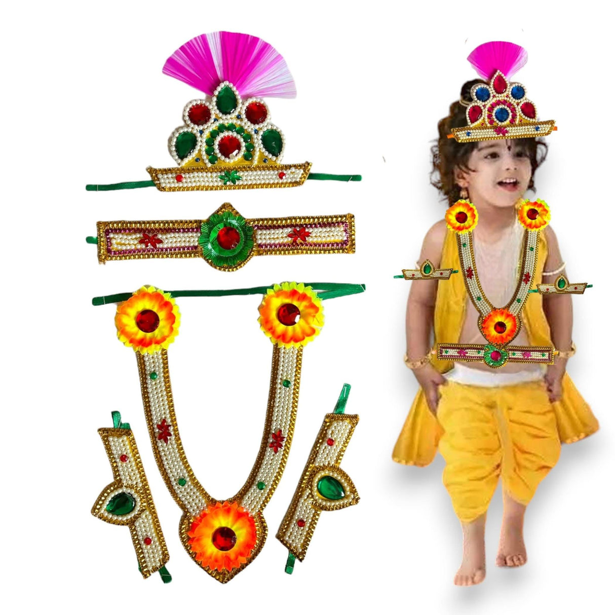 Jewelry Set for Janmashtami Ganesh Chaturthi Celebration Ganesha/krishna Leela Accessories Makhan Chor Kanha Jewelry Set - Mukut Necklace (5 PCs) - LoveNspire