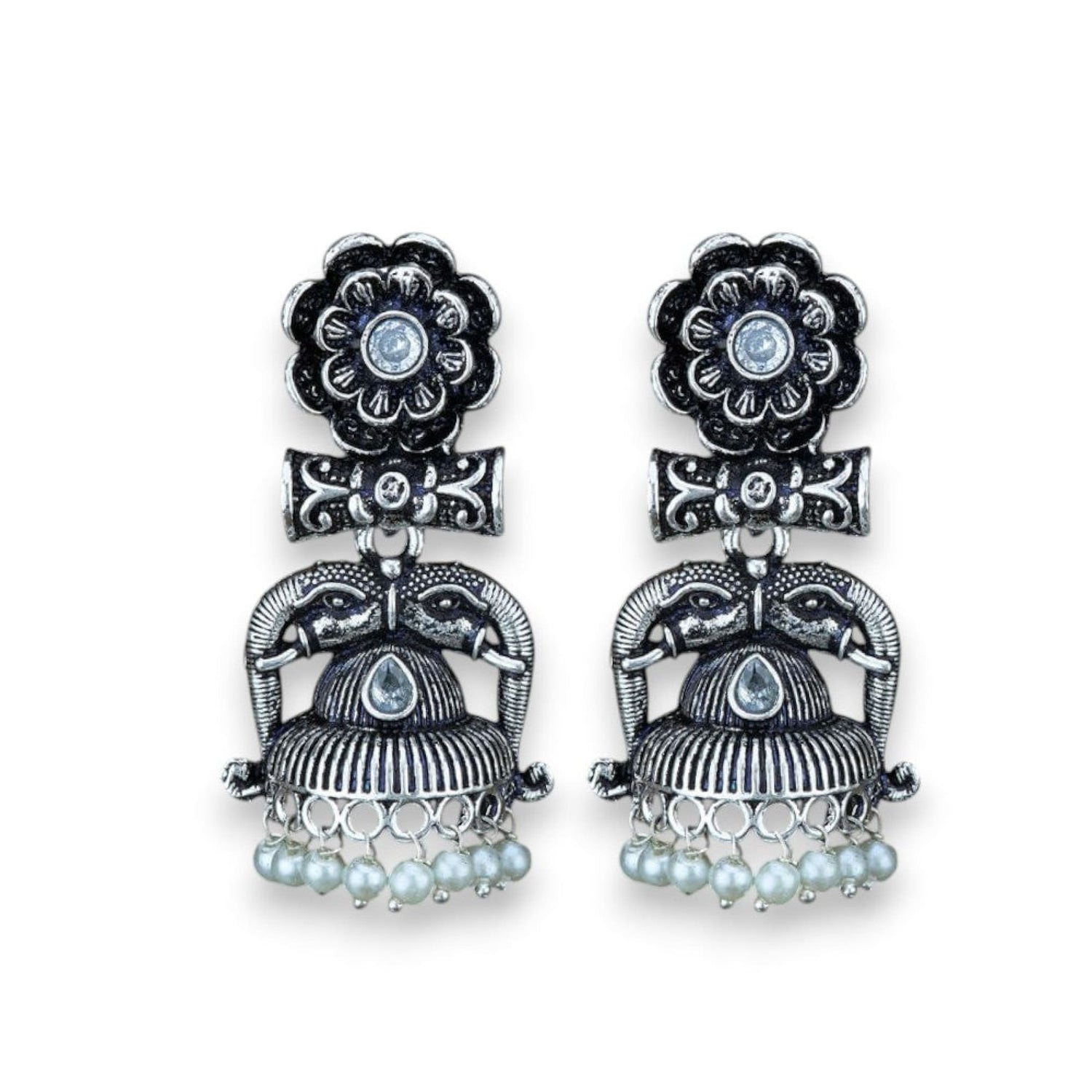 Indian Oxidized Jhumka Earrings for Women - Indian Oxidized Trishul Jhumki Ethnic Shiva Trident Chandbali Earrings Faux Pearls Bollywood Style Floral Dangle Earring Jewelry for Bride - LoveNspire