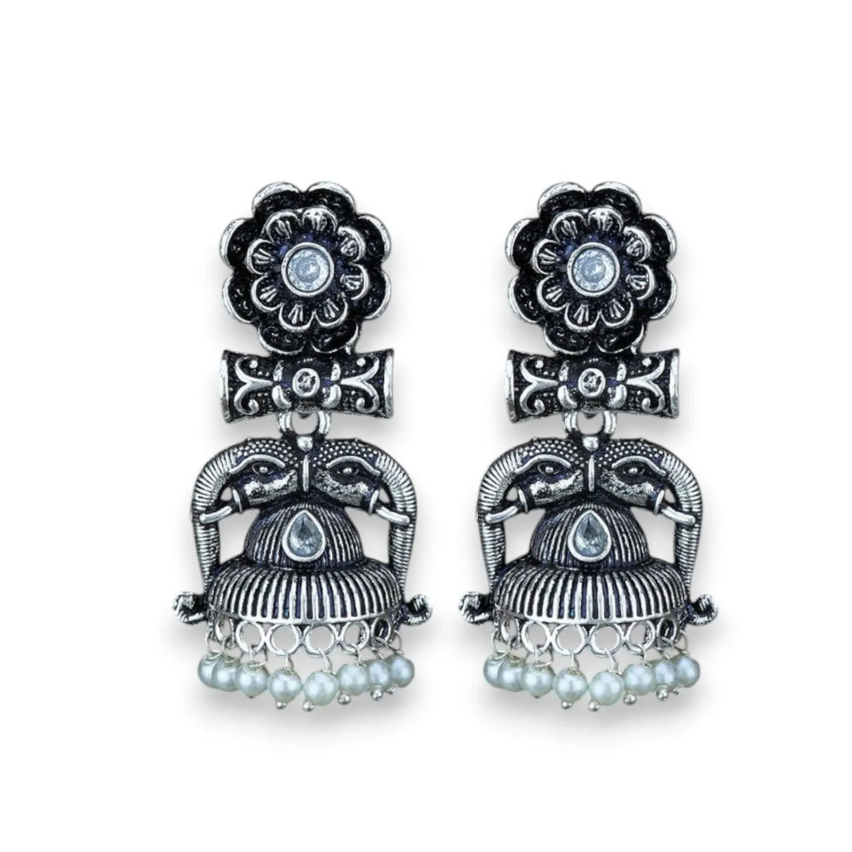 Indian Oxidized Jhumka Earrings for Women - Indian Oxidized Trishul Jhumki Ethnic Shiva Trident Chandbali Earrings Faux Pearls Bollywood Style Floral Dangle Earring Jewelry for Bride - LoveNspire